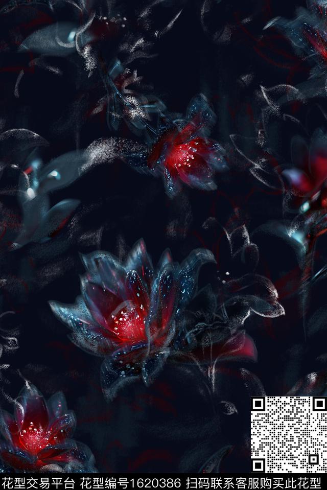 花卉模糊花卉黑底花卉数码印花华亿平台下载（图片编号: 1620386） - 瓦栏（Walan）