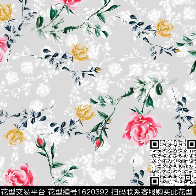 花卉剪影手绘数码印花华亿平台下载（图片编号: 1620392） - 瓦栏（Walan）