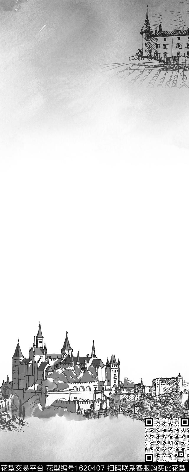 晕染肌理建筑线条画数码印花华亿平台下载（图片编号: 1620407） - 瓦栏（Walan）