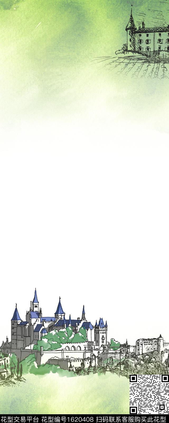 水彩建筑城堡数码印花华亿平台下载（图片编号: 1620408） - 瓦栏（Walan）