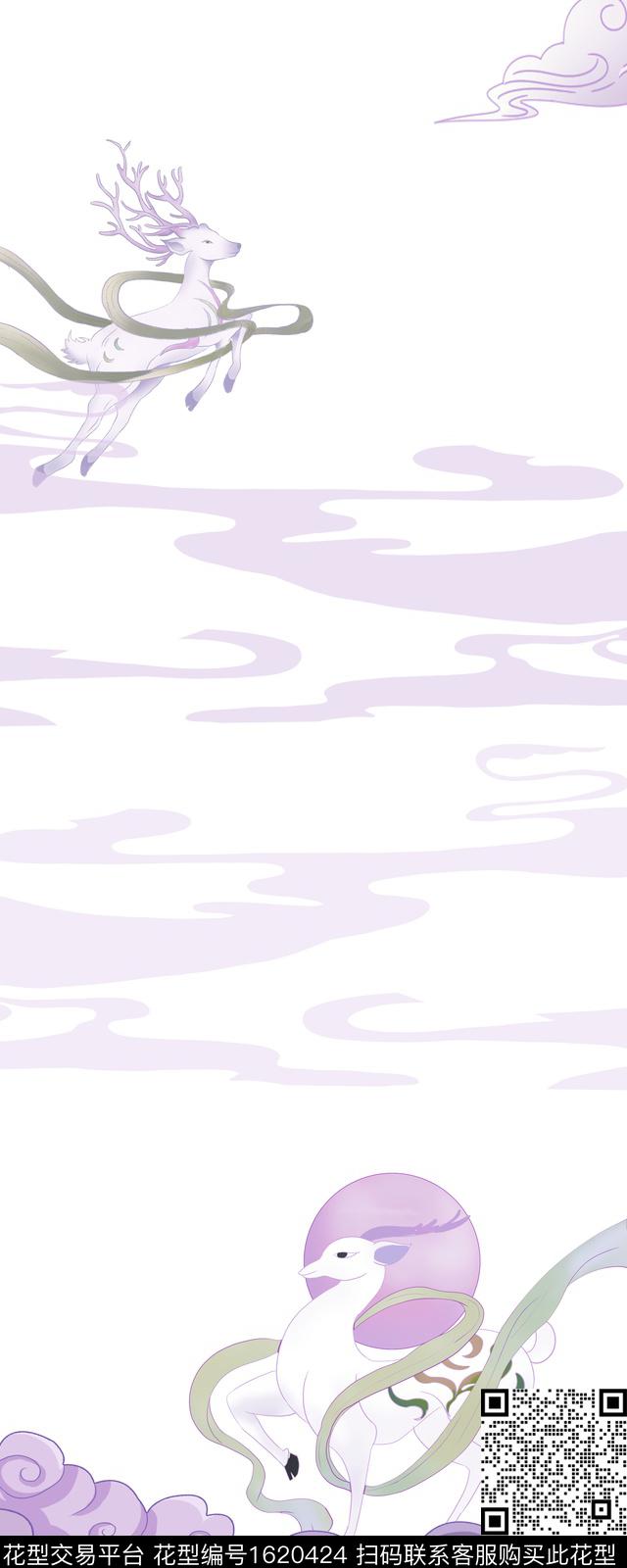 祥云九色鹿古典纹样数码印花华亿平台下载（图片编号: 1620424） - 瓦栏（Walan）