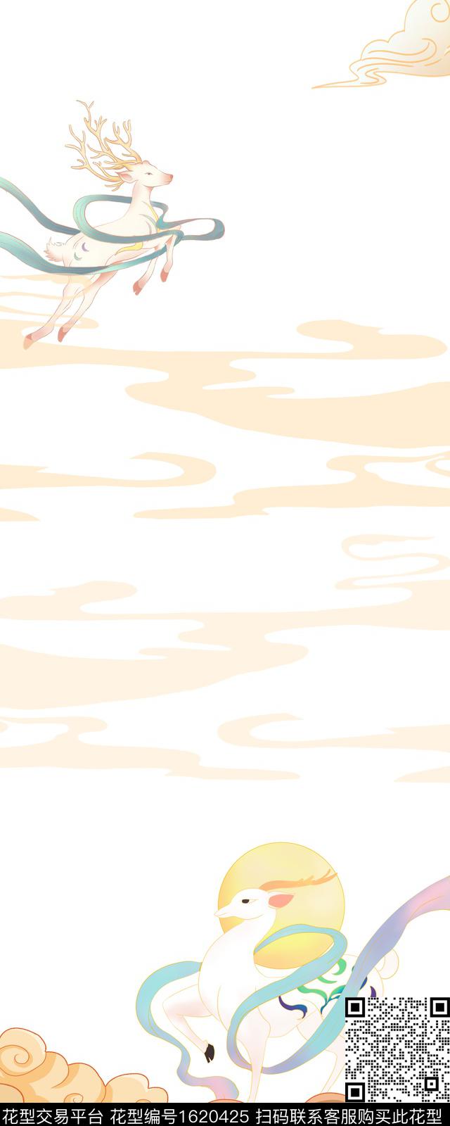 祥云九色鹿中国风数码印花华亿平台下载（图片编号: 1620425） - 瓦栏（Walan）