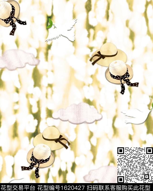 云朵帽子和平鸽数码印花华亿平台下载（图片编号: 1620427） - 瓦栏（Walan）