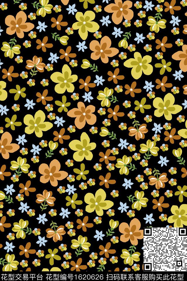 小碎花手绘花卉黑底花卉传统印花华亿平台下载（图片编号: 1620626） - 瓦栏（Walan）