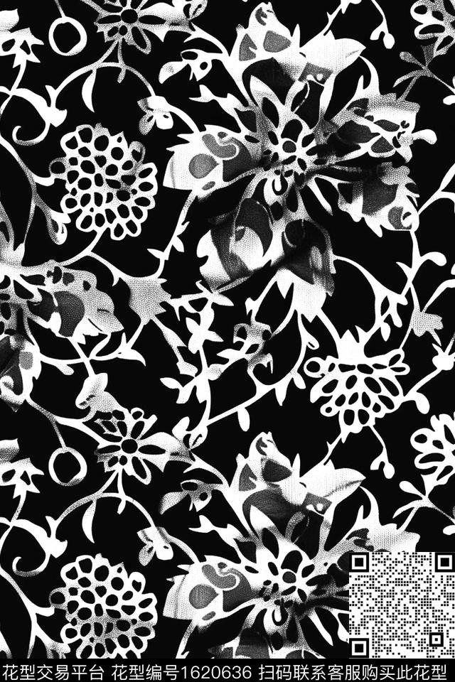 花卉黑白华亿平台数码印花华亿平台下载（图片编号: 1620636） - 瓦栏（Walan）