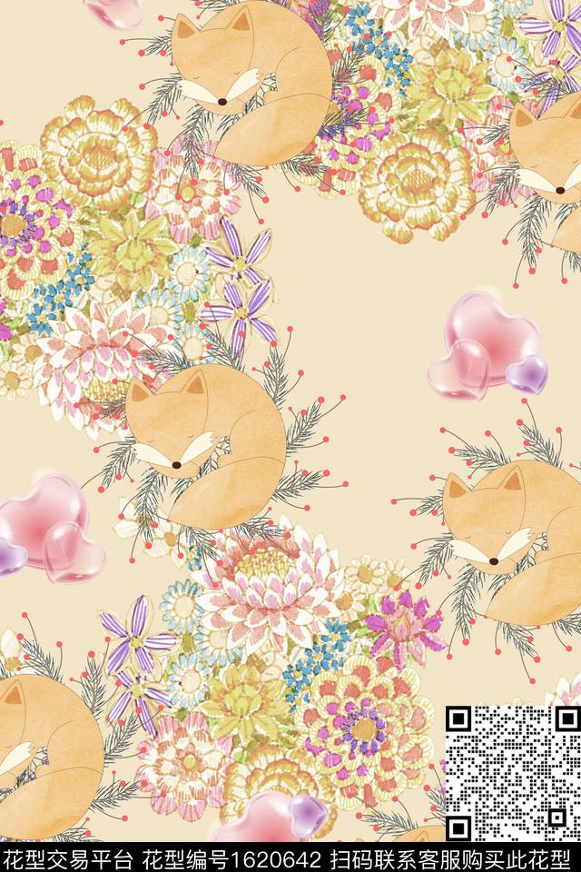 狐狸爱心花卉数码印花华亿平台下载（图片编号: 1620642） - 瓦栏（Walan）