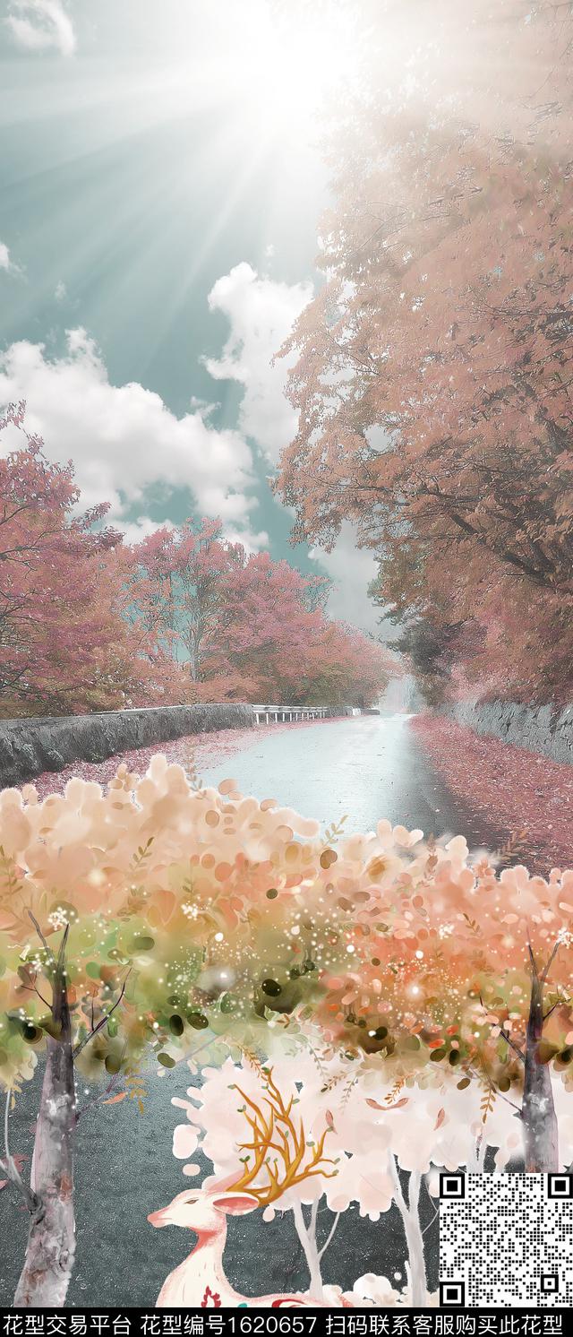 水彩风景定位九色鹿数码印花华亿平台下载（图片编号: 1620657） - 瓦栏（Walan）