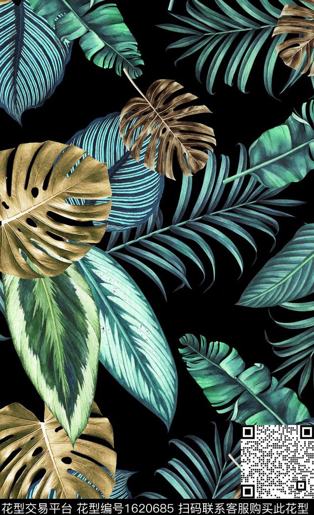 热带华亿平台棕榈叶龟背竹数码印花华亿平台下载（图片编号: 1620685） - 瓦栏（Walan）