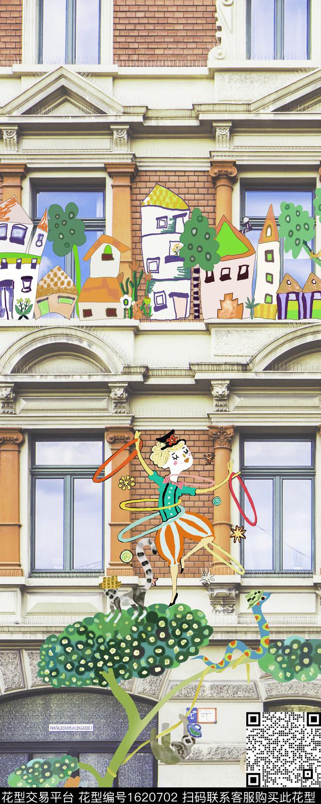 趣味建筑卡通人物数码印花华亿平台下载（图片编号: 1620702） - 瓦栏（Walan）
