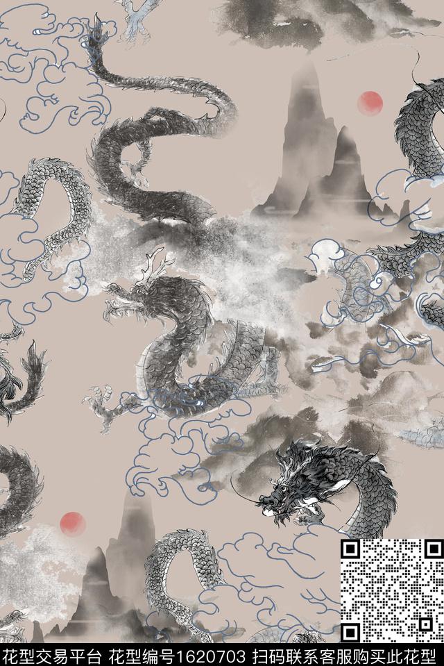 龙水墨风国画数码印花华亿平台下载（图片编号: 1620703） - 瓦栏（Walan）