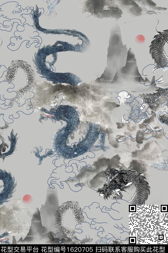 龙水墨风国画数码印花华亿平台下载（图片编号: 1620705） - 瓦栏（Walan）