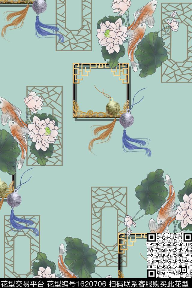 中国风荷花窗棂数码印花华亿平台下载（图片编号: 1620706） - 瓦栏（Walan）