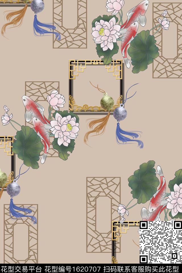 古典花纹荷花窗棂数码印花华亿平台下载（图片编号: 1620707） - 瓦栏（Walan）