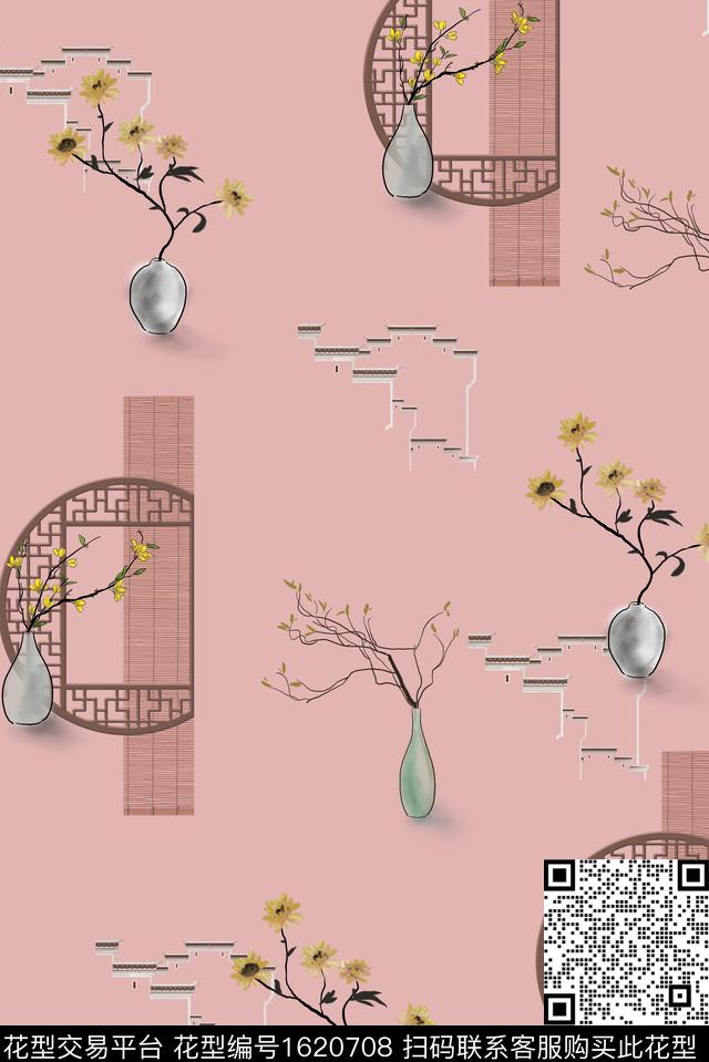 建筑小碎花花瓶数码印花华亿平台下载（图片编号: 1620708） - 瓦栏（Walan）