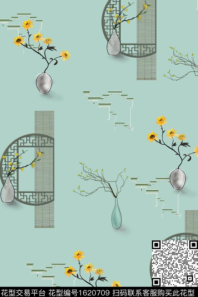 中国风花瓶窗棂数码印花华亿平台下载（图片编号: 1620709） - 瓦栏（Walan）