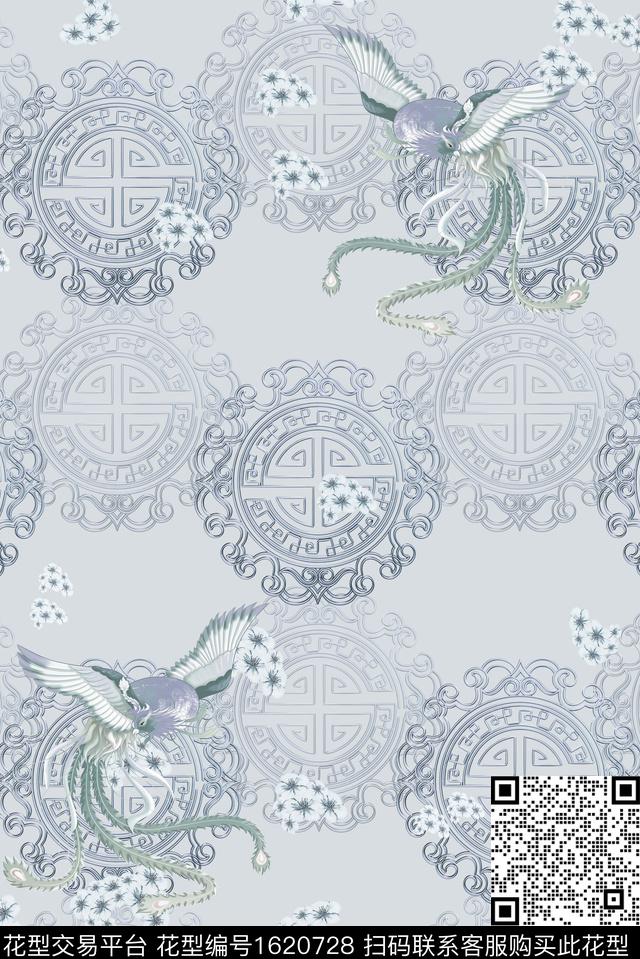 古典花纹小碎花凤凰数码印花华亿平台下载（图片编号: 1620728） - 瓦栏（Walan）