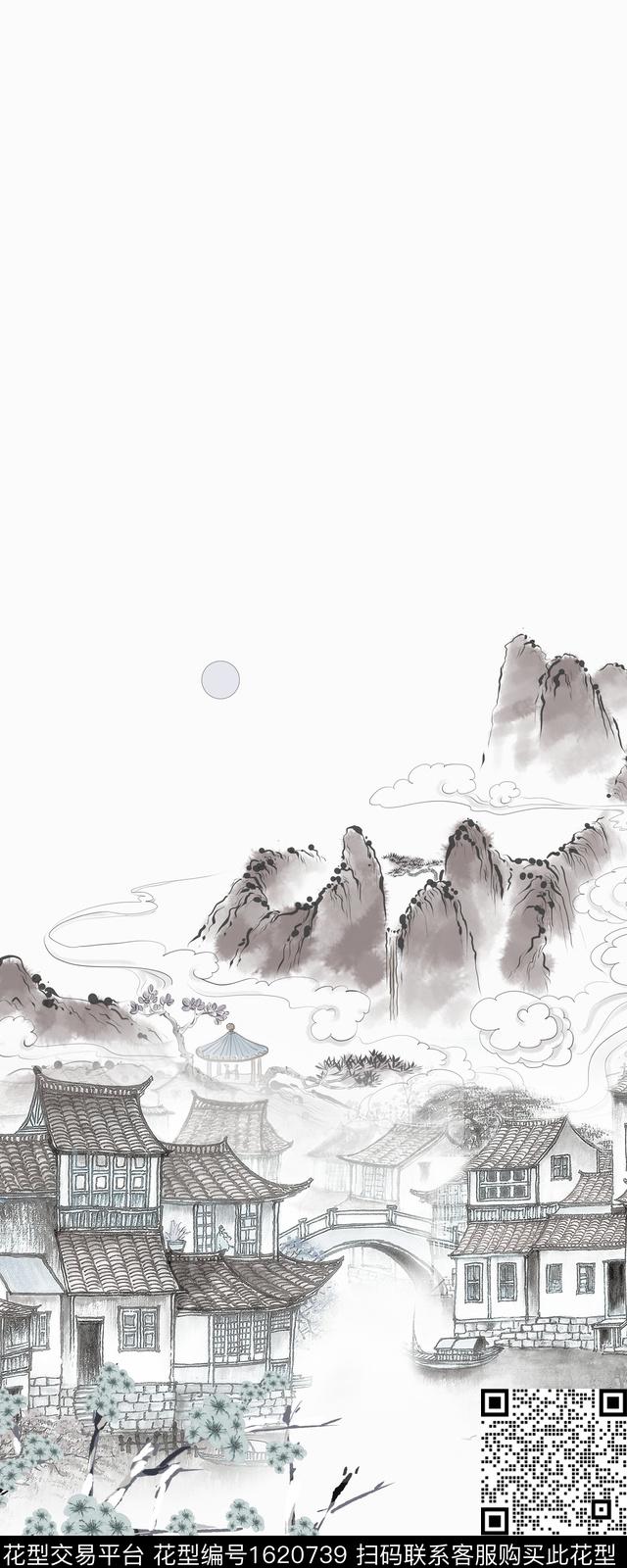 建筑桃花水墨风数码印花华亿平台下载（图片编号: 1620739） - 瓦栏（Walan）