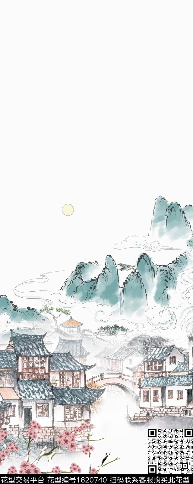 建筑桃花水墨风数码印花华亿平台下载（图片编号: 1620740） - 瓦栏（Walan）