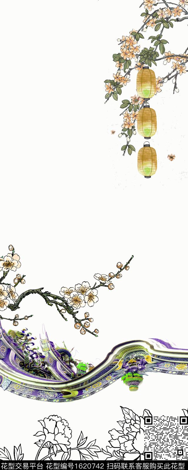 梅花建筑线条花卉数码印花华亿平台下载（图片编号: 1620742） - 瓦栏（Walan）