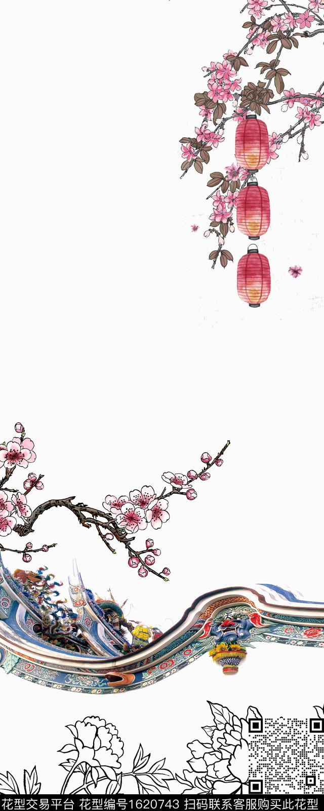 梅花建筑灯笼数码印花华亿平台下载（图片编号: 1620743） - 瓦栏（Walan）