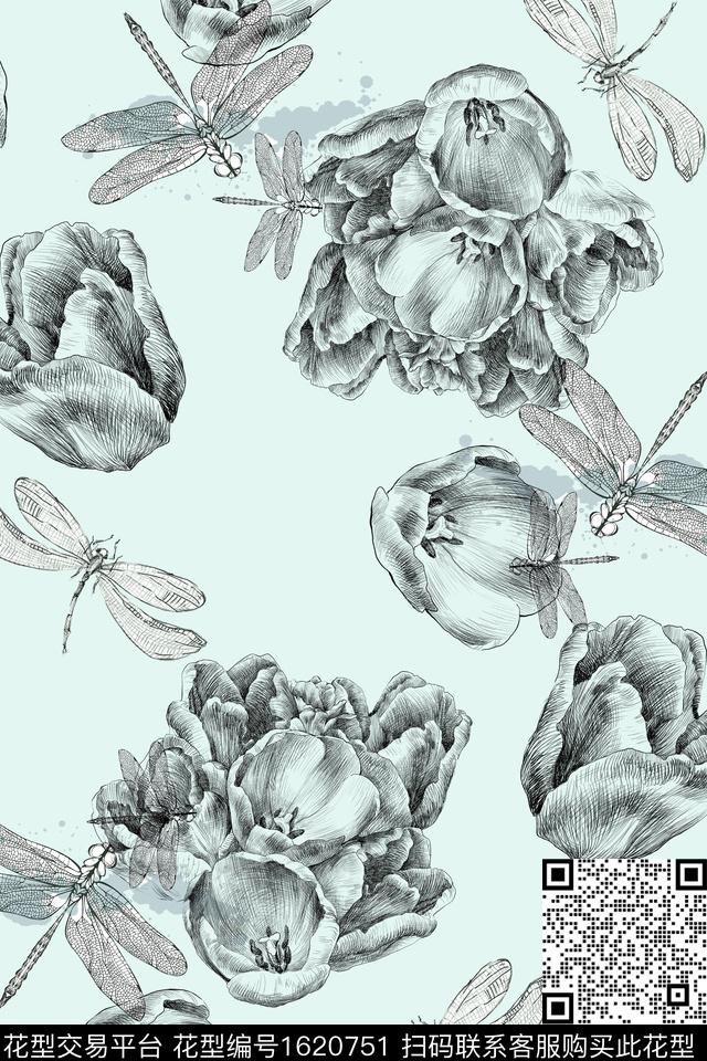 蜻蜓线条花卉玫瑰花数码印花华亿平台下载（图片编号: 1620751） - 瓦栏（Walan）