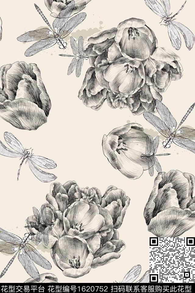 蜻蜓花卉素描数码印花华亿平台下载（图片编号: 1620752） - 瓦栏（Walan）