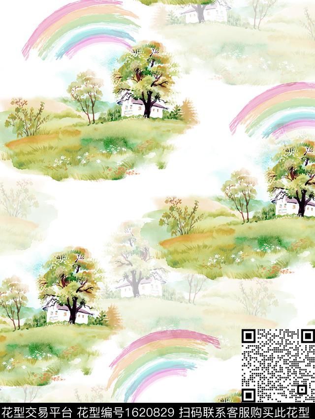 彩虹水彩花卉风景景观数码印花华亿平台下载（图片编号: 1620829） - 瓦栏（Walan）