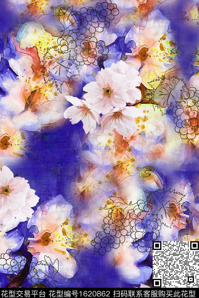 晕染肌理朦胧花卉线条花卉数码印花华亿平台下载（图片编号: 1620862） - 瓦栏（Walan）