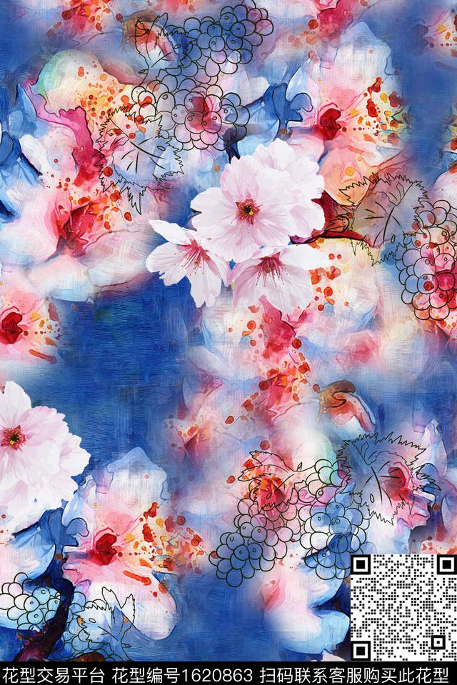 花卉葡萄晕染肌理数码印花华亿平台下载（图片编号: 1620863） - 瓦栏（Walan）