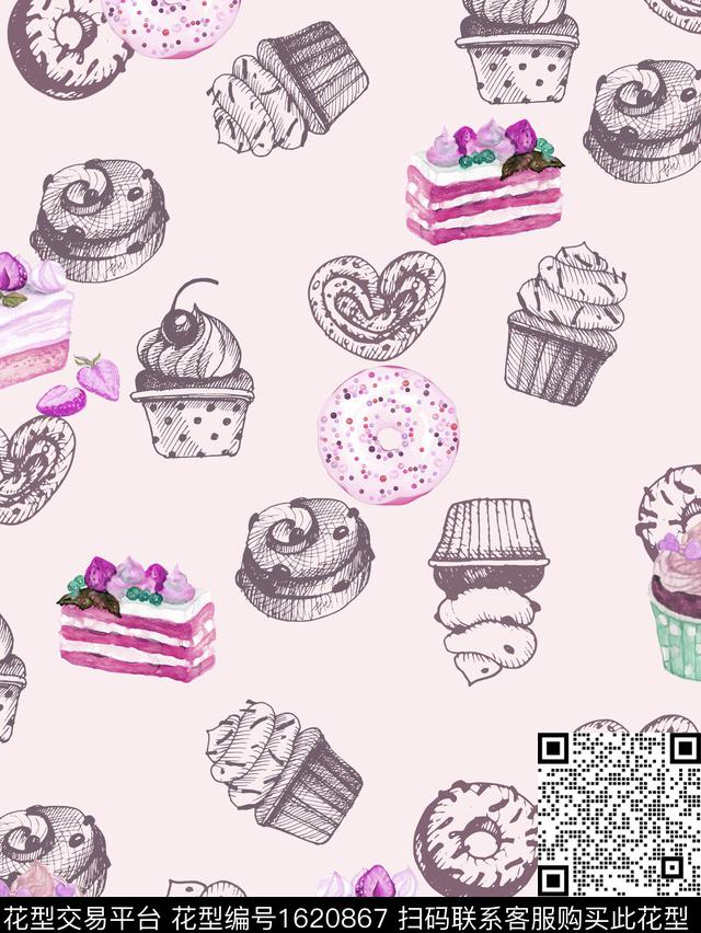线条画卡通蛋糕数码印花华亿平台下载（图片编号: 1620867） - 瓦栏（Walan）
