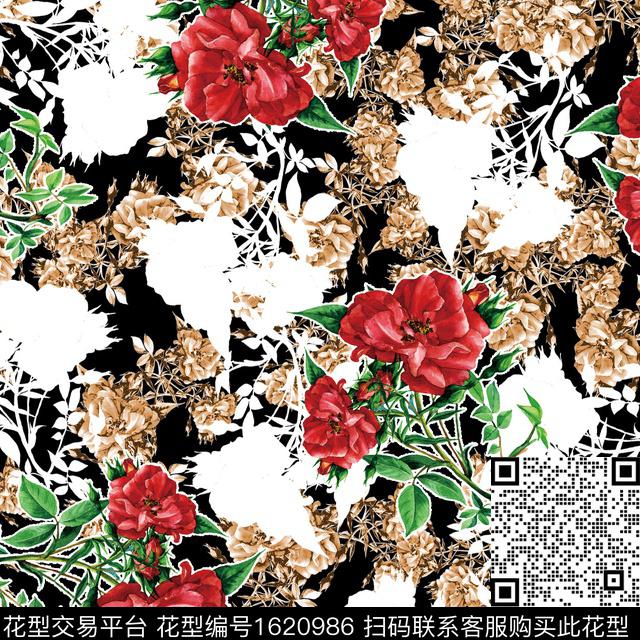 花卉黑底花卉影花数码印花华亿平台下载（图片编号: 1620986） - 瓦栏（Walan）