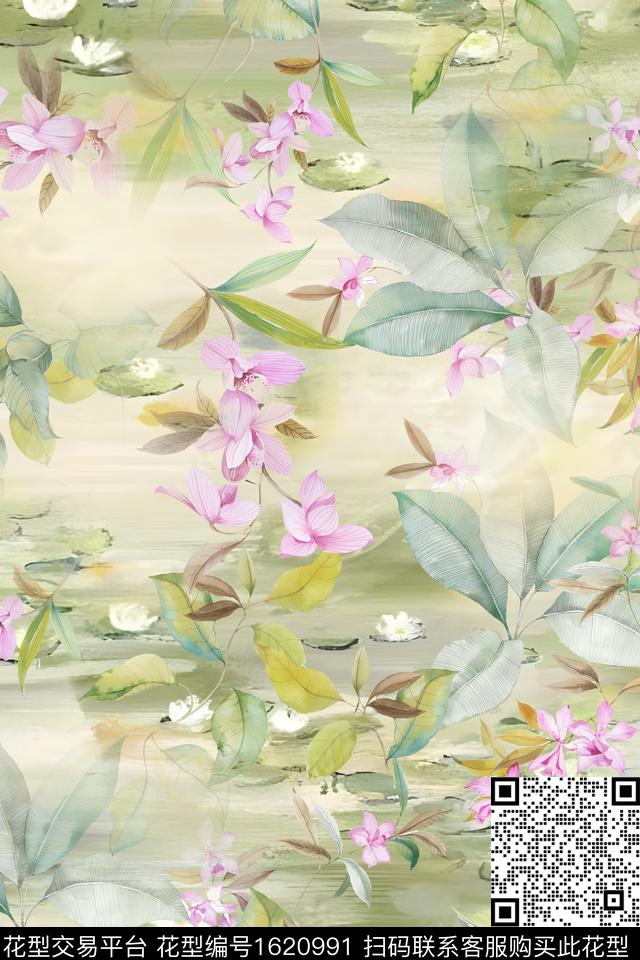 小清新花卉绿植树叶数码印花华亿平台下载（图片编号: 1620991） - 瓦栏（Walan）