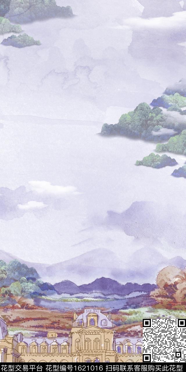 水彩花卉风景定位宫廷风数码印花华亿平台下载（图片编号: 1621016） - 瓦栏（Walan）