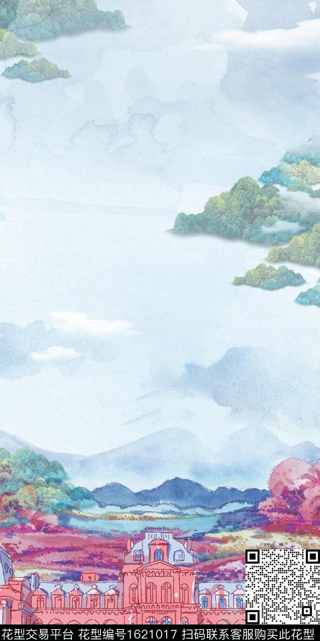 水彩花卉建筑数码印花华亿平台下载（图片编号: 1621017） - 瓦栏（Walan）