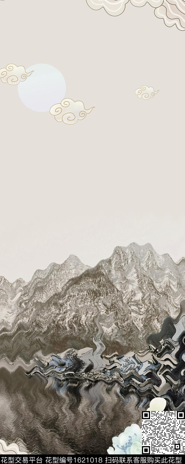 牡丹波浪纹祥云数码印花华亿平台下载（图片编号: 1621018） - 瓦栏（Walan）