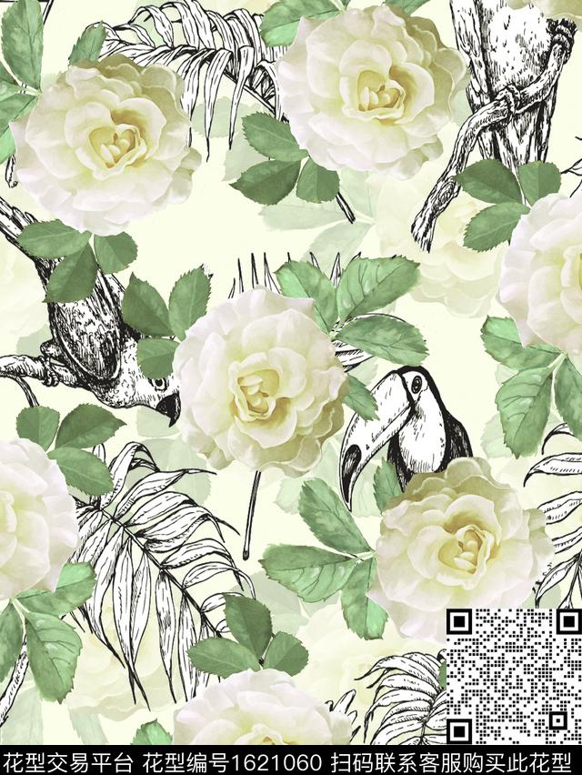 水彩花卉月季花花鸟数码印花华亿平台下载（图片编号: 1621060） - 瓦栏（Walan）