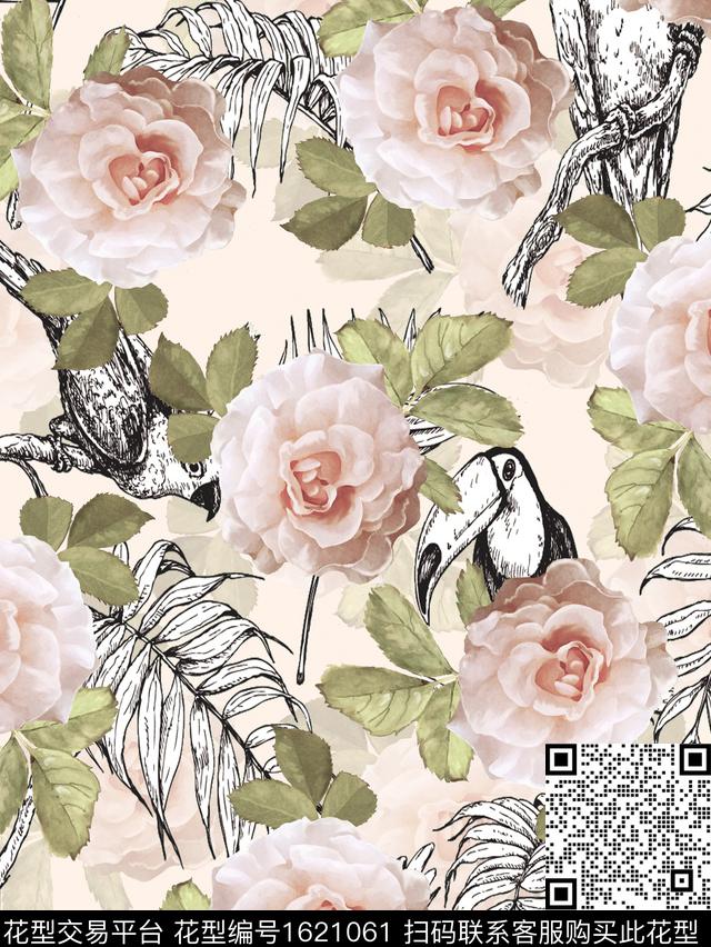 花卉鸟绿植树叶数码印花华亿平台下载（图片编号: 1621061） - 瓦栏（Walan）