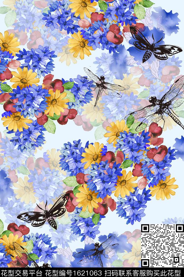 蜻蜓小碎花水彩花卉数码印花华亿平台下载（图片编号: 1621063） - 瓦栏（Walan）