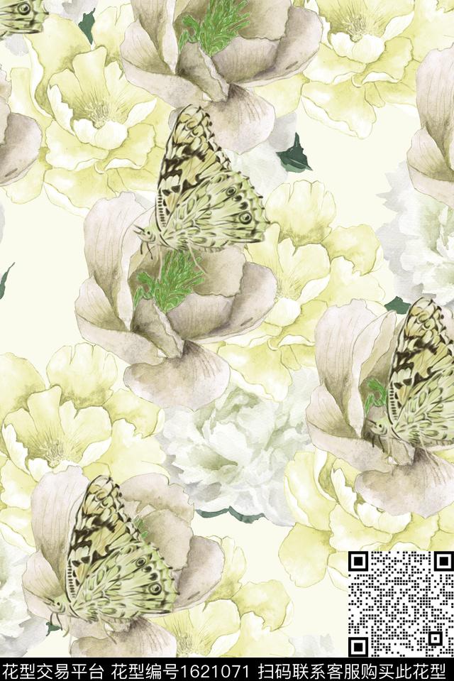 大花蝴蝶水彩花卉数码印花华亿平台下载（图片编号: 1621071） - 瓦栏（Walan）