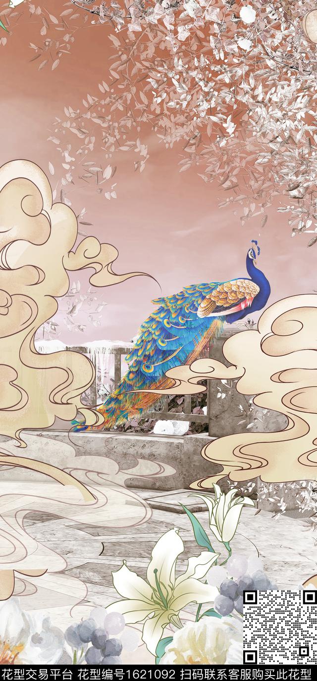 孔雀祥云中国风数码印花华亿平台下载（图片编号: 1621092） - 瓦栏（Walan）