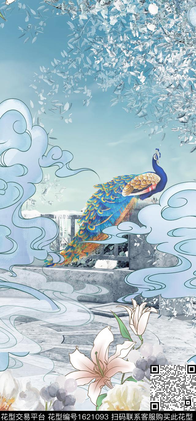 孔雀水彩花卉祥云数码印花华亿平台下载（图片编号: 1621093） - 瓦栏（Walan）