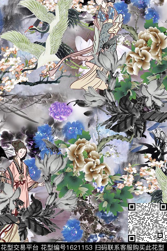 梅花仙鹤水墨风数码印花华亿平台下载（图片编号: 1621153） - 瓦栏（Walan）