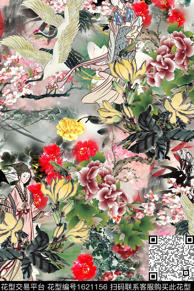 梅花仙鹤牡丹数码印花华亿平台下载（图片编号: 1621156） - 瓦栏（Walan）