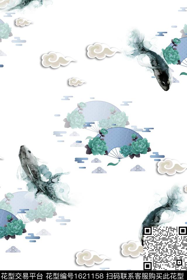 扇子水墨风牡丹数码印花华亿平台下载（图片编号: 1621158） - 瓦栏（Walan）