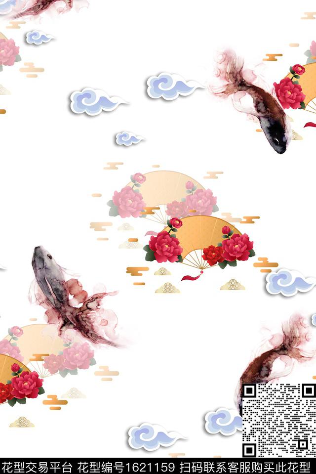 扇子中国风牡丹数码印花华亿平台下载（图片编号: 1621159） - 瓦栏（Walan）