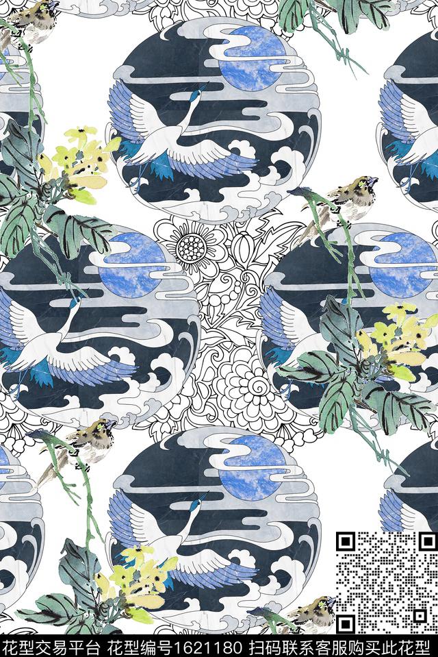 仙鹤水彩花卉祥云数码印花华亿平台下载（图片编号: 1621180） - 瓦栏（Walan）