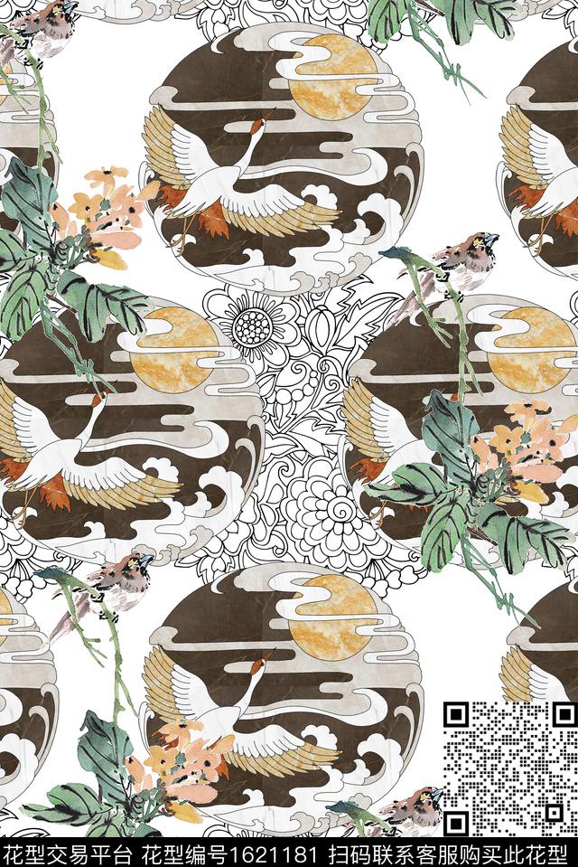 仙鹤祥云线条花卉数码印花华亿平台下载（图片编号: 1621181） - 瓦栏（Walan）