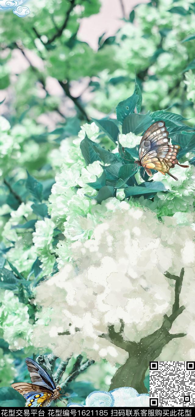 树蝴蝶朦胧花卉数码印花华亿平台下载（图片编号: 1621185） - 瓦栏（Walan）