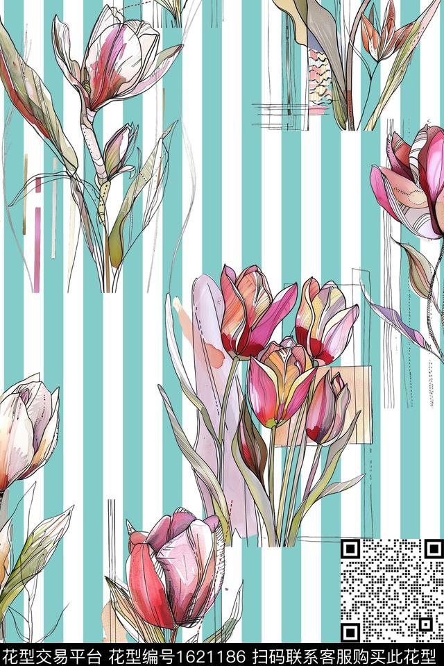 手绘花卉郁金香花卉数码印花华亿平台下载（图片编号: 1621186） - 瓦栏（Walan）