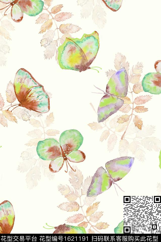 小清新蝴蝶水彩花卉数码印花华亿平台下载（图片编号: 1621191） - 瓦栏（Walan）